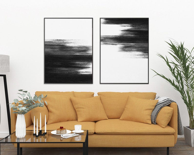 Set of 2 Black And White Abstract Painting Printable Wall Art, Extra Large 2 Piece Wall Art, Monochrome Minimalist Art, Contemporary Art image 2