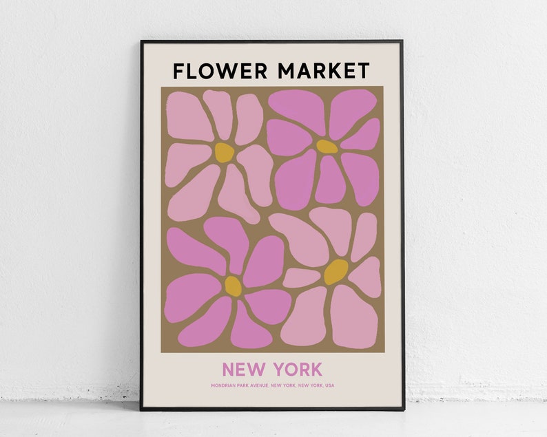 New York Flower Market Printable Wall Art, Pink Flower Market Poster, Abstract Flower Painting, New York Print, Abstract Pink Daisy Art image 1