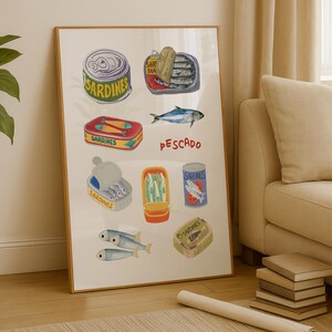 Sardine Can Wall Art Print– Coastal Kitchen Decor, Whimsical Canned Fish Illustration, Mediterranean Wall Art Pescado Printable Poster