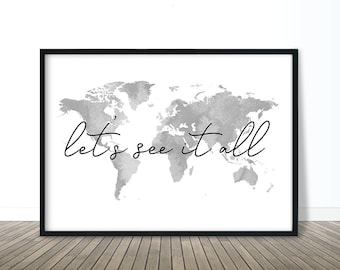 Let's See It All World Map Wall Art Digital Download, Travel Lover Gift, Watercolor Map Art, Neutral Baby Shower Gift, Wanderlust Quote Art