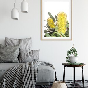 Op de afbeelding: Een ingelijste print van een gele bloem met groene bladeren op een witte achtergrond. De lijst is gemaakt van natuurlijk hout.