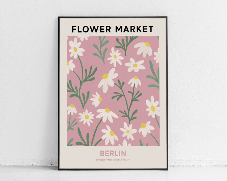 Berlin Flower Market Printable Wall Art, Pink Flower Market Poster, Daisy Wall Art Flower Painting, Berlin Print, Pink Botanical Print image 3