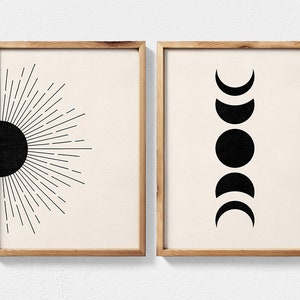 Abstract Sun and Moon Phases Boho Wall Art Set, Midcentury Modern Set of 2 Prints, Geometric Sunburst Printable Wall Art, Black Beige Decor