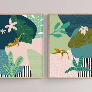 Set of 2 Tropical Abstract Art Featuring Animal Print, Abstract Jungle Printable Wall Art Pair, Greenery Collage Style Abstract Wall Art Set