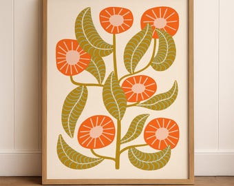 Retro Orange Floral Wall Art, Mid Century Modern Flower Print, Cream and Orange Botanical Poster, Printable Art for Boho or Vintage Decor