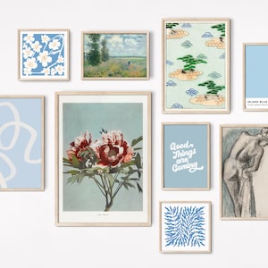 Blue Gallery Wall Printable 9 Piece Bundle, Eclectic Wall Art Japanese Blue Art Posters Aesthetic Decor, Gallery Wall Set of 9 Art Prints