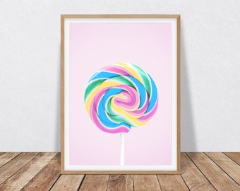 Pastel Rainbow Lollipop imprimible arte de pared, Lollipop Print Pop Art, regalo para la decoración de la guardería de la niña, arte de la pared de la habitación de los niños, arte de la pared del caramelo