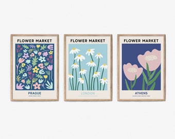 Ensemble d’affiches du marché aux fleurs pour téléchargement instantané, Prague, Londres, Athènes Affiche du marché aux fleurs, Ensemble d’impression du marché aux fleurs de 3 affiches