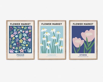 Flower Market Set of Posters for Instant Download, Prague, London, Athens Flower Market Poster, Flower Market Print Set of 3 Posters