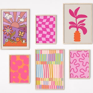 Colourful Wall Art Set of 6 Prints, Eclectic Aesthetic Gallery Wall Bundle Pink Wall Art Gallery Wall Set, Y2k Decor Pink Wall Art Bundle