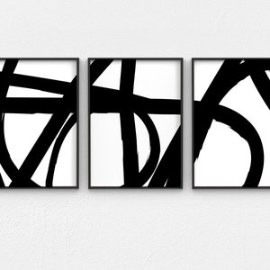 Black and White Abstract Art 3 Piece Wall Art, Contemporary Scribble Art Set of 3 Prints, Minimalist Printable Wall Art Extra Large Wall Art