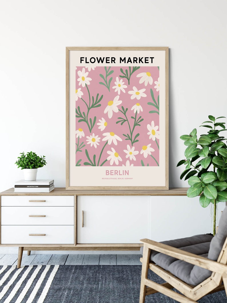 Berlin Flower Market Printable Wall Art, Pink Flower Market Poster, Daisy Wall Art Flower Painting, Berlin Print, Pink Botanical Print image 5