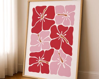 Abstract Hibiscus Print Instant Download Pink and Red Flower Poster Aesthetic Floral Wall Art Retro Hawaii Wall Art