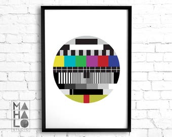 TV Test Pattern Printable Wall Art, Retro Style Man Cave Decor, Vintage Decor 80s Print, TV Color Bars, Nerdy Gifts, Colorful Digital Prints