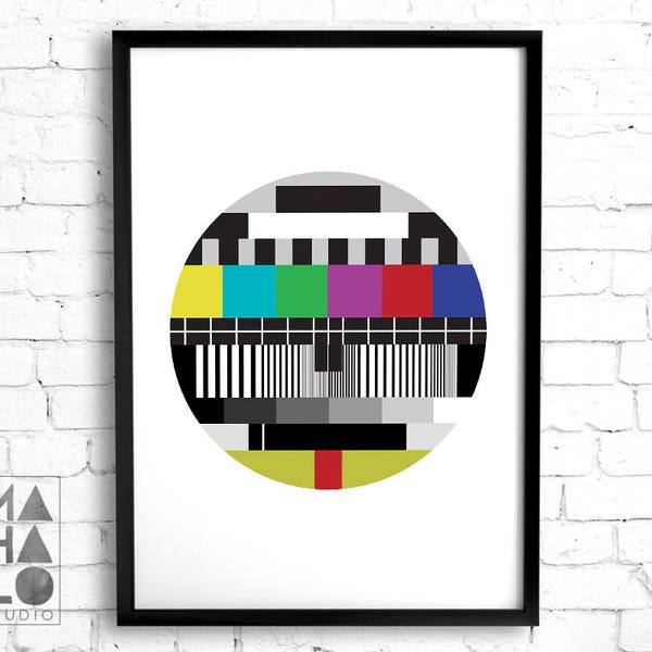 TV Test Pattern Printable Wall Art, Retro Style Man Cave Decor, Vintage Decor 80s Print, TV Color Bars, Nerdy Gifts, Colorful Digital Prints