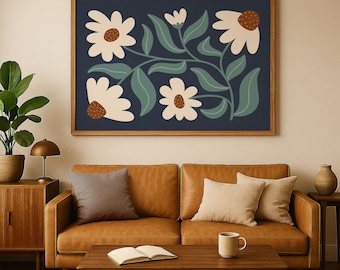 Retro Floral Wall Art Printable, Navy Blue With Daisies Botanical Illustration Landscape Print