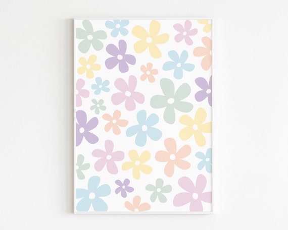 Danish Pastel Decor Rainbow Daisy Printable Wall Art, Cottagecore 