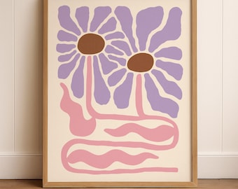 Retro Purple Daisy Wall Art Printable, Mid Century Modern Floral Art in Pink and Lilac, 60s-Inspired Abstract Flower Digital Download