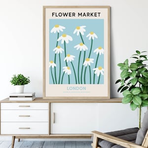 London Flower Market Print, Digital Flower Market Poster, Blue and White Daisy Painting, Gallery Wall Art, Travel Wall Art, Botanical Print zdjęcie 4