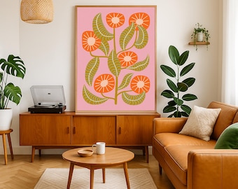 Mid Century Modern Flower Art Print, Pink and Orange Retro Wall Art, Vintage Floral Printable Poster, Midcentury Mod Wall Decor
