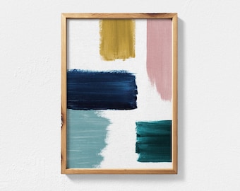 Abstract Painting Featuring Teal, Mustard, Navy Blue and Blush Pink Brush Strokes, Contemporary Printable Wall Art, Teal Decor Abstract Art
