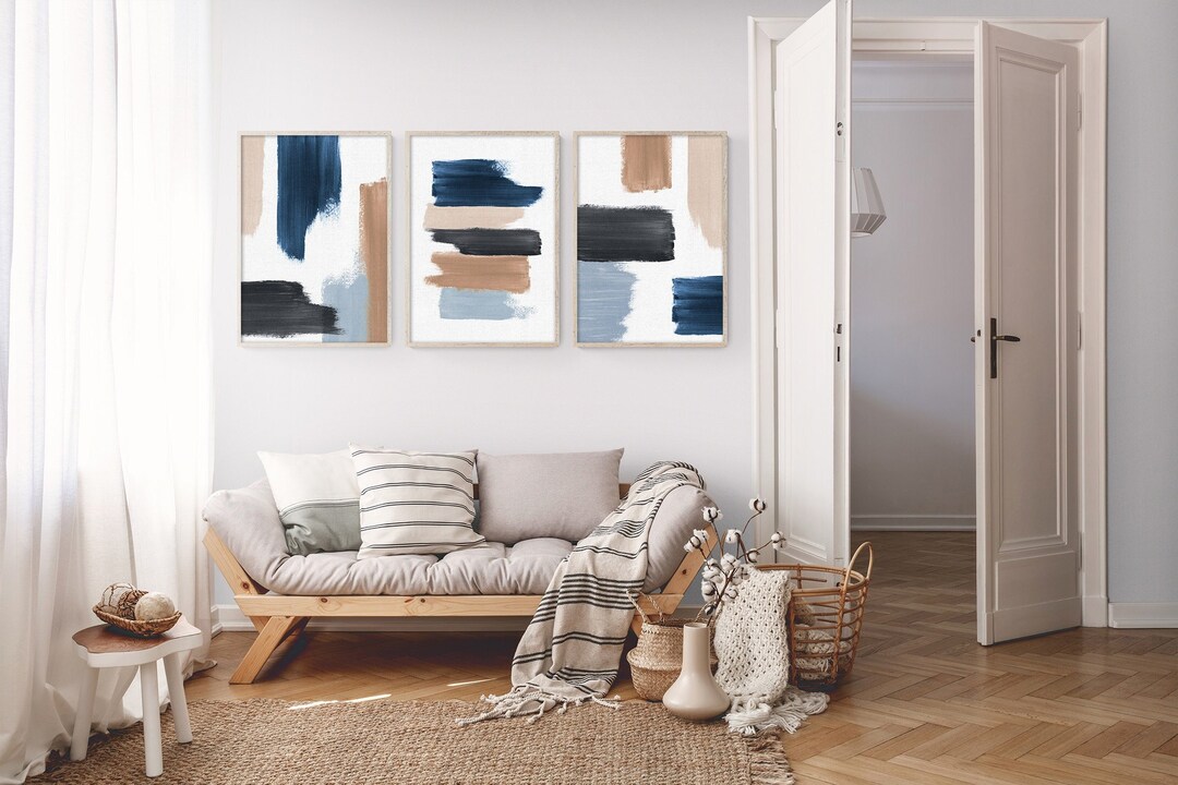 Abstract Wall Art Set of 3 Blue and Neutral Tones Abstract Art 3 Piece