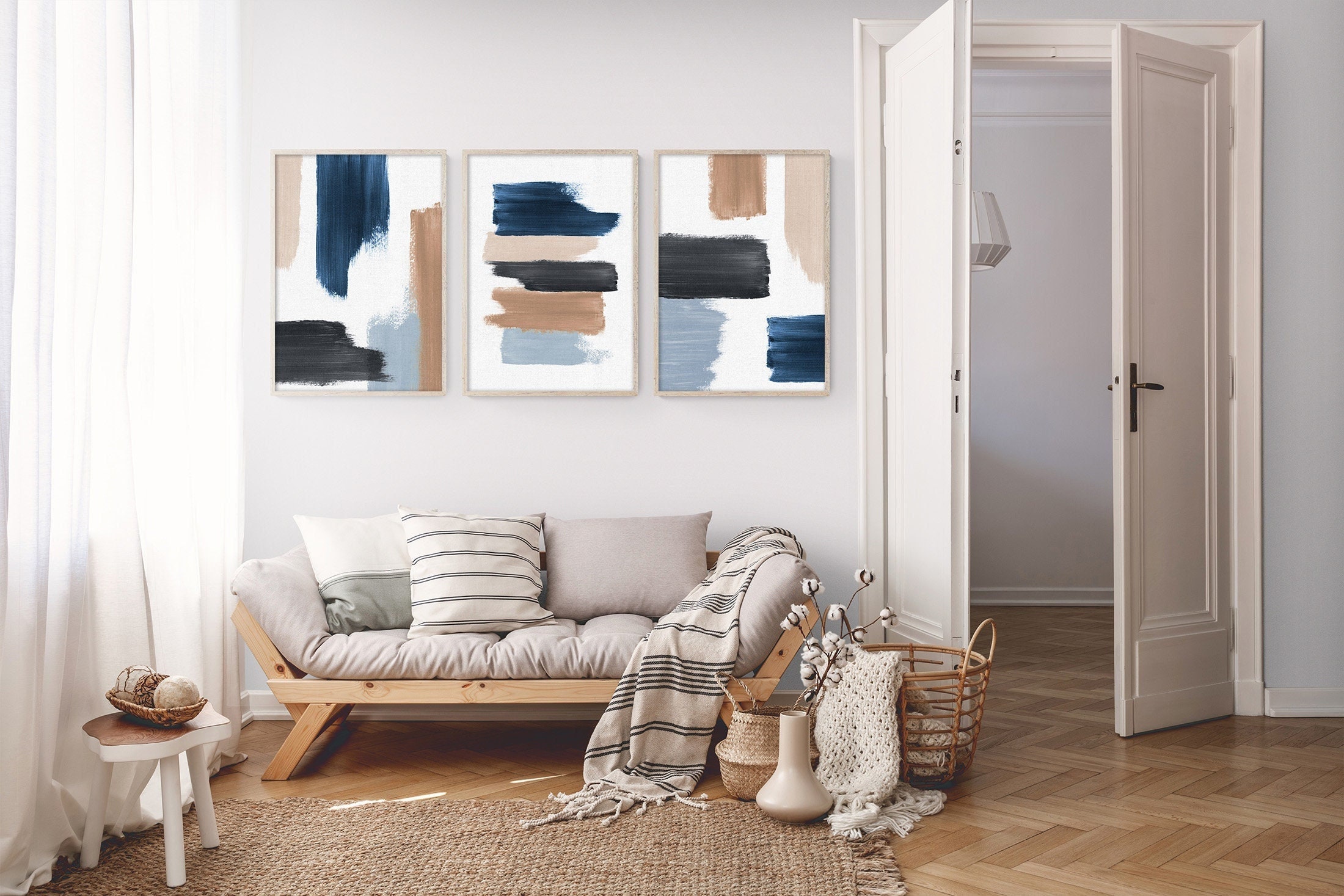 Abstract Wall Art Set of 3 Blue and Neutral Tones Abstract Art 3 Piece ...