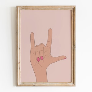 Kocham Cię Sygnał Dłoni Drukowalny Sztuka Ścienna, Różowy Preppy Room Decor, Uroczy Odcisk Palców ILY, Kocham Cię Sztuka Ścienna, Preppy Wall Art BFF Prezent