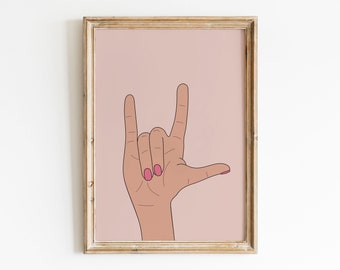 I Love You Hand Signal Printable Wall Art, Pink Preppy Room Decor, Cute ILY Fingers Print, I Love You Wall Art, Preppy Wall Art BFF Gift