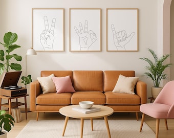 Set of 3 Prints Peace Sign Shaka OK printable wall art, hang loose hand gestures mahalo dude minimalist black and white decor surf art