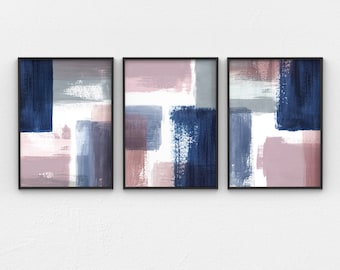 Abstract Painting Set of 3, Abstract Art Set of 3 Prints, Blush Pink Printable Abstract Wall Art Set, Navy Blue Contemporary Printable Art