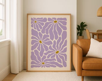 Abstract Purple Flower Poster, Mid Century Modern Floral Wall Art, Lilac Retro Print for Boho Living Room or Bedroom Decor