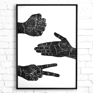 May include: Black and white illustration of three hands representing the classic game of rock, paper, scissors.