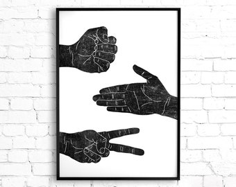 Rock Paper Scissors Printable Wall Art, Modern Minimalist Black and White Art, Woodblock Hand Print Gallery Wall Art Hand Gestures