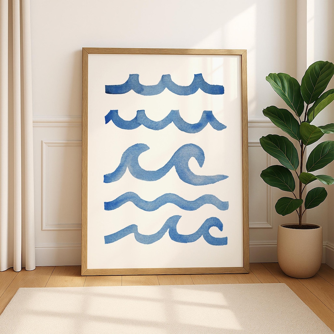 Blue Ocean Wave Wall Art Print, Coastal Minimalist Watercolor Poster ...