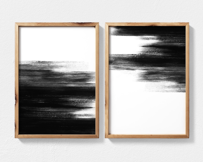 Set of 2 Black And White Abstract Painting Printable Wall Art, Extra Large 2 Piece Wall Art, Monochrome Minimalist Art, Contemporary Art image 4