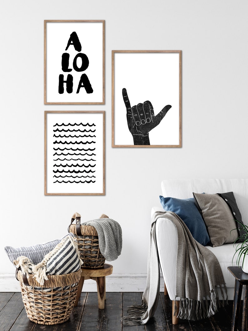 Hawaii Art Digital Download Featuring Aloha Quote, Waves and Shaka Hand Set of 3 Printable Wall Art, Surfer Wall Art, Hawaiian Wall Art image 2