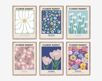 Flower Market Print Set of 6, Printable Flower Market Set, London, Amsterdam, Madrid Flower Market Gallery Wall Art Set, Maximalist Decor