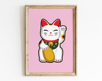 Pink Lucky Cat Poster Digital Download, Lucky Waving Cat Japanese Wall Art Printable, Maneki Neko Print Cat Wall Art