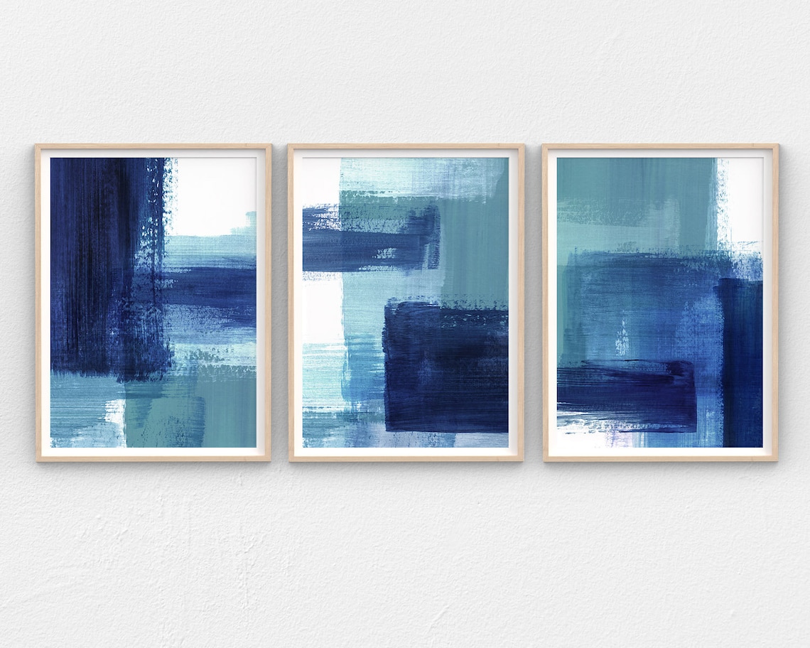 Abstract Painting Set of 3 in Teal and Navy Blue Abstract Art Etsy