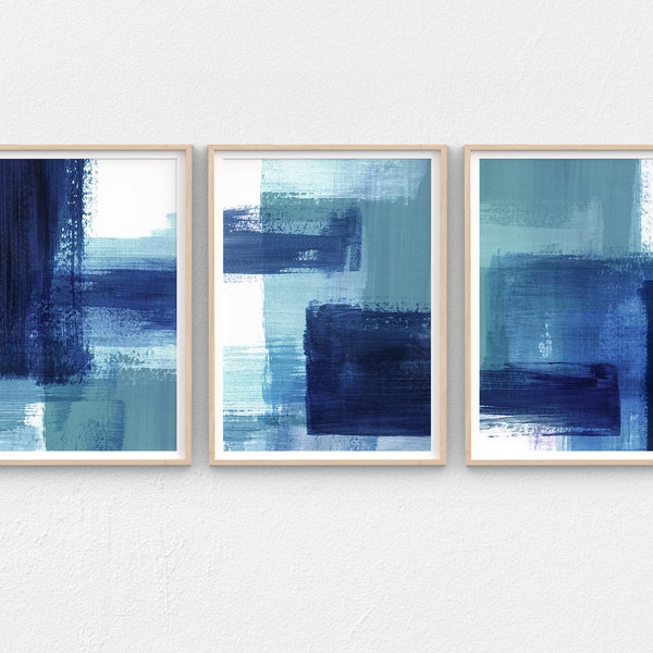 Abstract Painting Set of 3 In Teal and Navy Blue, Abstract Art Set of 3 Prints, Printable Abstract Wall Art Set, Contemporary Printable Art