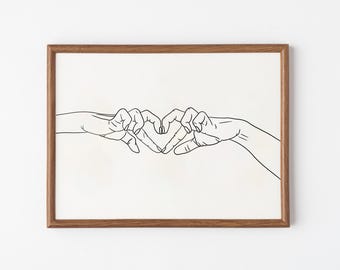 Op de afbeelding: Een zwart-witte lijntekening van twee handen die een hartvorm vormen.