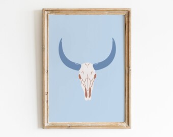 Aesthetic Western Decor Bull Skull Poster Coastal Cowgirl Printable Wall Art Cowboy Aesthetic Blue Southwestern Decor Printable Wall Art