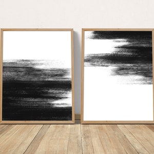 Set of 2 Black And White Abstract Painting Printable Wall Art, Extra Large 2 Piece Wall Art, Monochrome Minimalist Art, Contemporary Art image 1