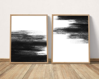 Set of 2 Black And White Abstract Painting Printable Wall Art, Extra Large 2 Piece Wall Art, Monochrome Minimalist Art, Contemporary Art