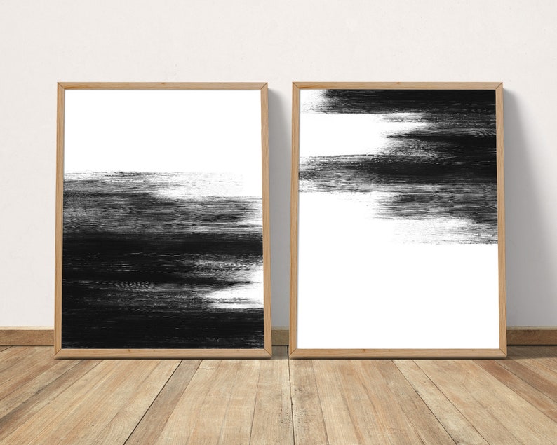 Set of 2 Black And White Abstract Painting Printable Wall Art, Extra Large 2 Piece Wall Art, Monochrome Minimalist Art, Contemporary Art image 1