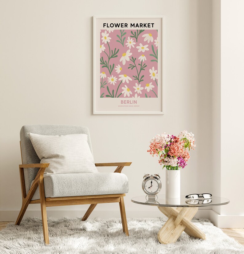 Berlin Flower Market Printable Wall Art, Pink Flower Market Poster, Daisy Wall Art Flower Painting, Berlin Print, Pink Botanical Print image 6