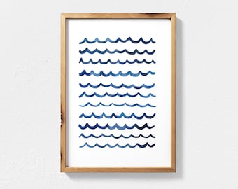 Navy Blue Watercolour Waves Printable Wall Art, Coastal Wall Art, Navy Blue Wall Art Digital Download, Printable Abstract Navy Blue Surf Art
