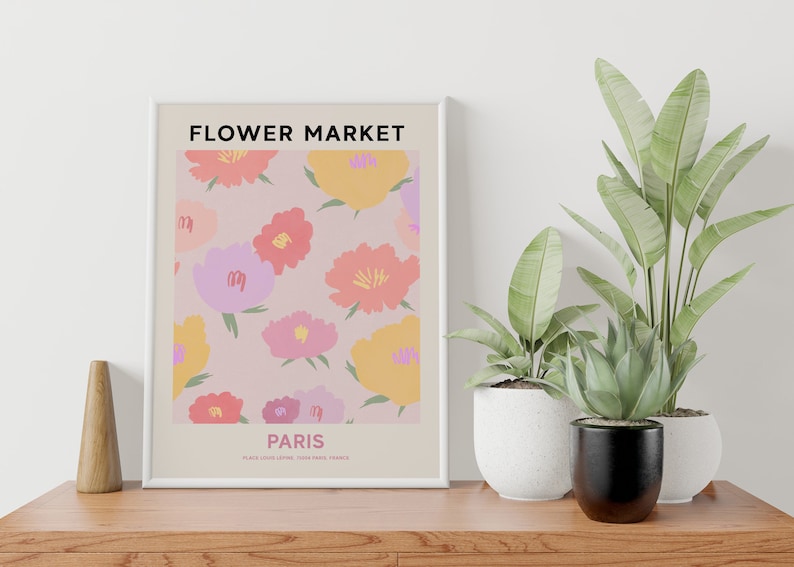 Paris Flower Market Print, Digital Flower Market Poster, Pink Flower Painting, Gallery Wall Art, Paris Travel Wall Art, Botanical Print image 4