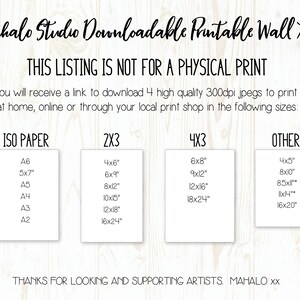 May include: A white background with black text listing different paper sizes and dimensions for downloadable printable wall art. The text reads "ISO Paper", "2x3", "4x3", and "Other". The sizes are listed in inches. The text also reads "This listing is not for a physical print. You will receive a link to download 4 high quality 300dpi jpegs to print at home, online or through your local print shop in the following sizes: Thanks for looking and supporting artists. Mahalo xx"